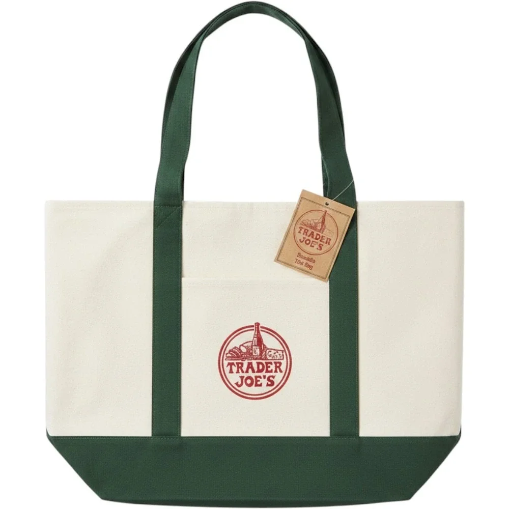 Trader Joe's Reusable Canvas Tote Bag Cream Green Embroidery 0080 9160